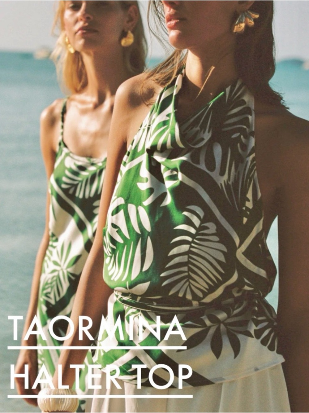 🆕- Kookaï Taormina 100% Silk Halter Top Green & White Tropical Leaf. Size: 6 - Picture 2 of 10
